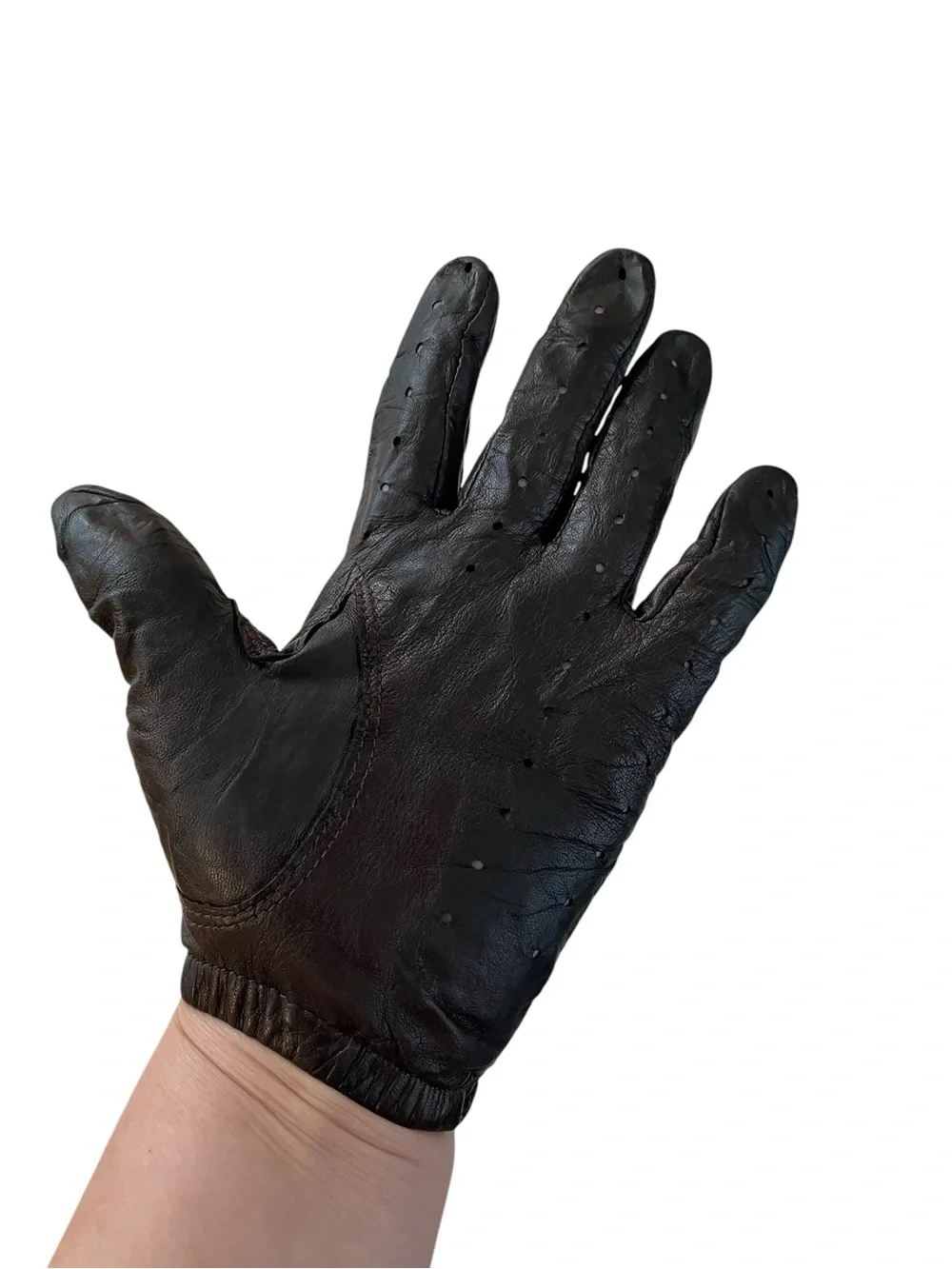 Vintage Brown Leather Driving Gloves Perforated Snap Wrist Unlined Moto Women’s